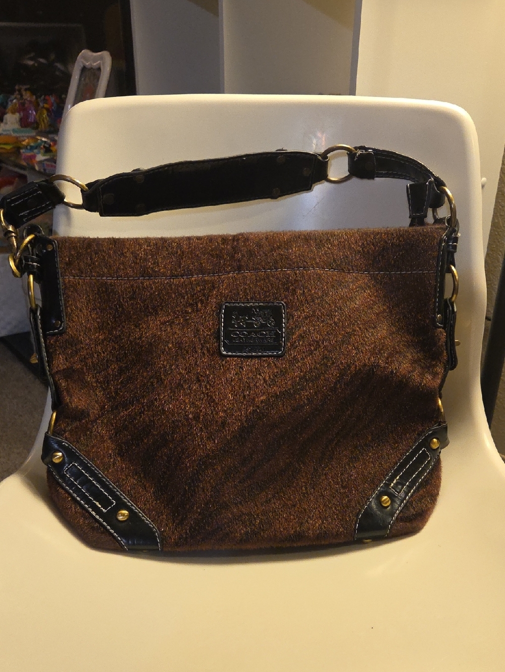 Coach Brown And Black Furry Haircalf Shoulder Bag